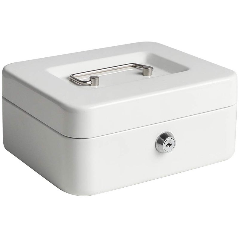 Jssmst Small Cash Box with Key Lock - Durable Metal Cash Box with Money Tray White, CB0105M - Image 1